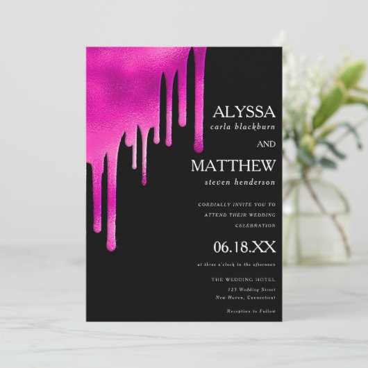 Neon roze zwart waterverf gradiënt druipt bruiloft kaart (Staand voorkant)