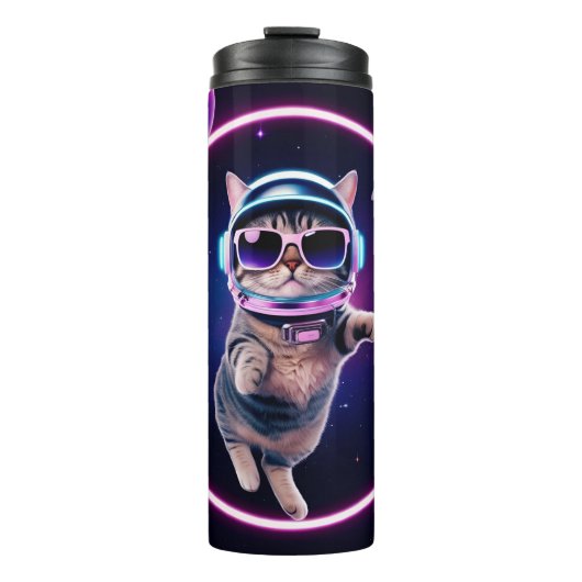 Neon Ruimtekatterug – Kosmische Katten Gloeiende K Thermosbeker (Voorkant)