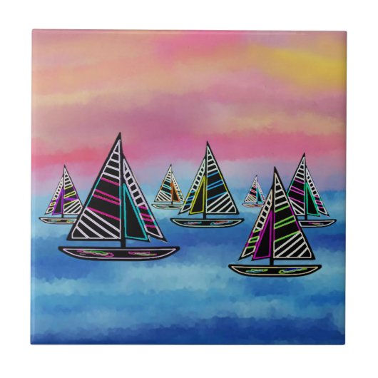 Neon Sailboten in de Sun Ceramic Tile Tegeltje (Voorkant)