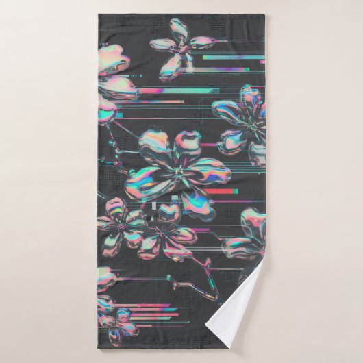 Neon Sakura Glitch – Futuristisches Blumenmuster Badhanddoek (Badhanddoek)