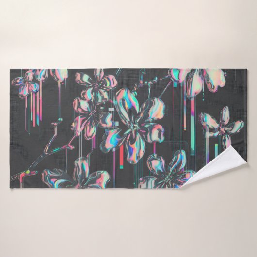 Neon Sakura Glitch – Futuristisches Blumenmuster Badhanddoek (Badhanddoek)
