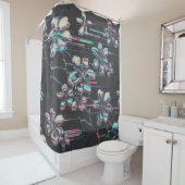 Neon Sakura Glitch – Futuristisches Blumenmuster Douchegordijn (In situ)