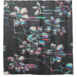 Neon Sakura Glitch – Futuristisches Blumenmuster Douchegordijn
