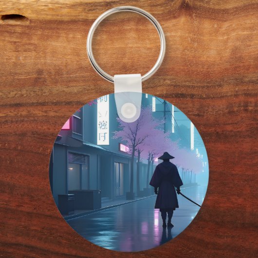 Neon Samurai Keychain – Retro Anime Tokyo Design (Voorkant)