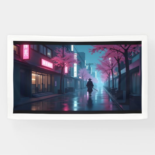 Neon Samurai Nachten – Retro Anime Tokio Kunst Spandoek (Horizontaal)