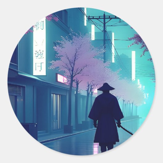 Neon Samurai Sticker – Retro Anime Cyberpunk Tokio (Voorkant)