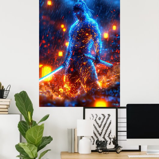 Neon Samurai Warrior – Cyberpunk Bushido Poster (Thuiskantoor)