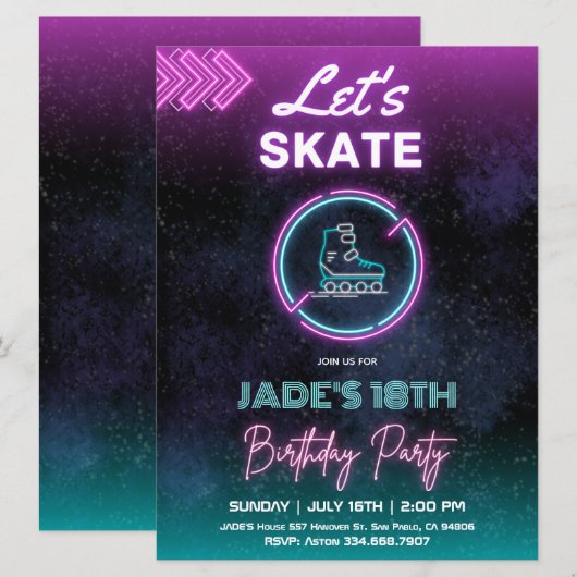 Neon Schaatsen Verjaardagsfeestuitnodiging Kaart (Voorkant / Achterkant)