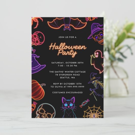 Neon Schattigee Glow in Dark Halloween Party Kaart (Staand voorkant)