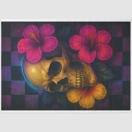 Neon schedel met Hibiscus bloemen Decoupage papier (Voorkant)