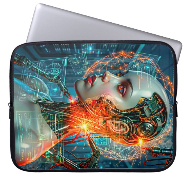 Neon Sci-Fi Cyborg Vrouwelijke Cyberpunk Tech Laptop Sleeve (Voorkant)