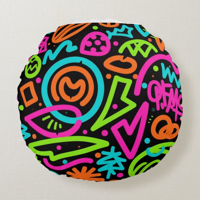 Neon Scribble Splash Sierkussen – Retro Pop Colo Rond Kussen (Voorkant)