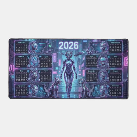 Neon Sentinel 2026 – Cyberpunk Android & Robo-Pets Bureaumat (Voorkant)