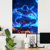 Neon Shadow Assassin – Cyberpunk Ninja in Blauwe F Poster (Thuiskantoor)