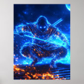 Neon Shadow Assassin – Cyberpunk Ninja in Blauwe F Poster (Voorkant)