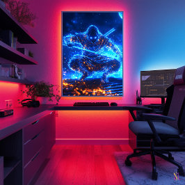 Neon Shadow Assassin – Cyberpunk Ninja in Blauwe F Poster
