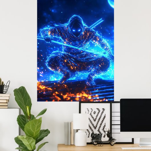 Neon Shadow Assassin - Cyberpunk Ninja in de hoofd Poster (Thuiskantoor)