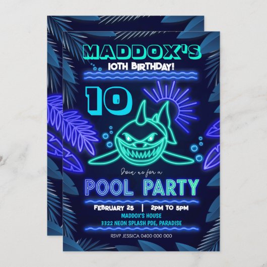 Neon Shark Pool Party Uitnodiging (Voorkant / Achterkant)