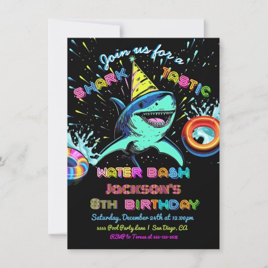 Neon Shark Pool verjaardagsfeestje Kaart (Voorkant)