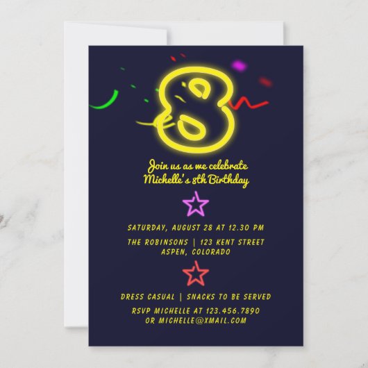 Neon Sign Achtste verjaardag Uitnodiging (Voorkant)