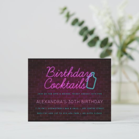Neon Sign Birthday Cocktail Party Invitation Aankondigingskaart (Staand voorkant)