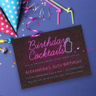 Neon Sign Birthday Cocktail Party Invitation Save The Date