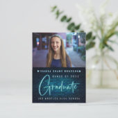 Neon Sign Blue Afstuderen Fotoaankondiging Feestdagenkaart (Staand voorkant)