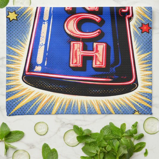 Neon Sign, Coffee Pot, Lunch, POP Art Style Theedoek (Gevouwen)