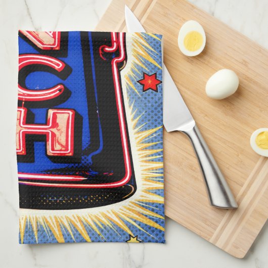 Neon Sign, Coffee Pot, Lunch, POP Art Style Theedoek (Quarter Fold)