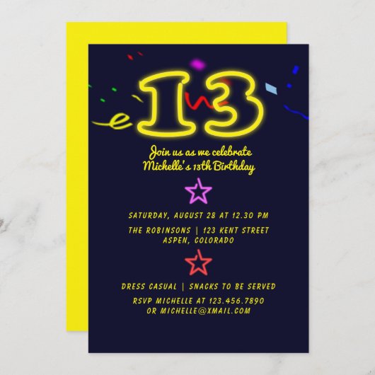 Neon Sign Dertiende Birthday Party Invitation Kaart (Voorkant / Achterkant)