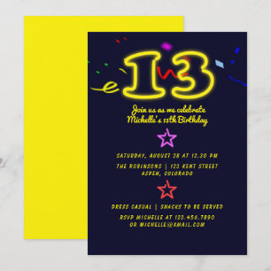 Neon Sign Dertiende Birthday Party Invitation Kaart