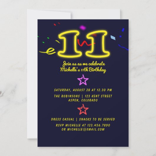 Neon Sign Elfde Birthday Party Invitation Kaart (Voorkant)