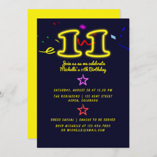 Neon Sign Elfde Birthday Party Invitation Kaart