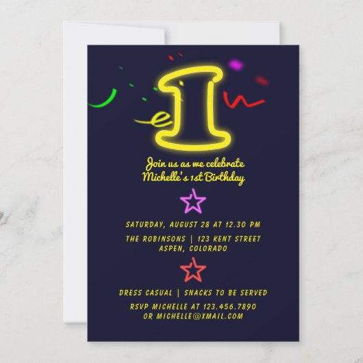 Neon Sign First Birthday Party Invitation Kaart (Voorkant)