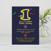 Neon Sign First Birthday Party Invitation Kaart (Staand voorkant)