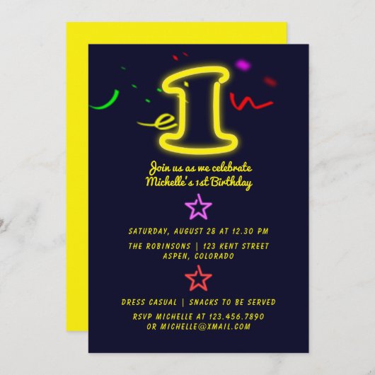 Neon Sign First Birthday Party Invitation Kaart (Voorkant / Achterkant)
