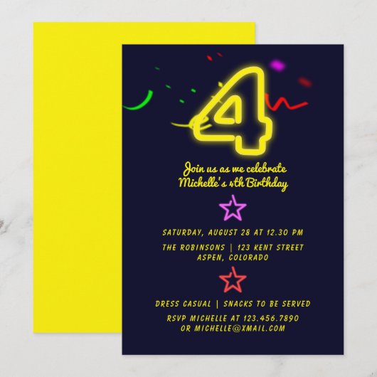 Neon Sign Fourth Birthday Party Invitation Kaart (Voorkant / Achterkant)