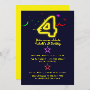 Neon Sign Fourth Birthday Party Invitation Kaart