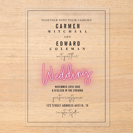 Neon Sign Geïnspireerd Trouwen Acryl Uitnodigingen (Voorkant)