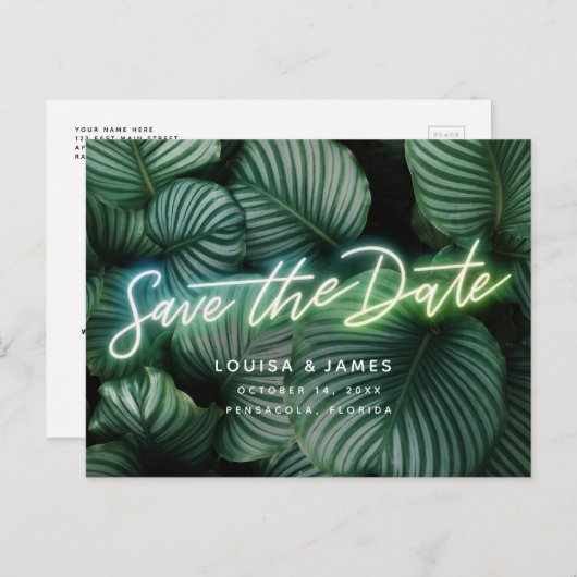 Neon Sign Modern Tropical Save the Date Briefkaart (Voorkant / Achterkant)