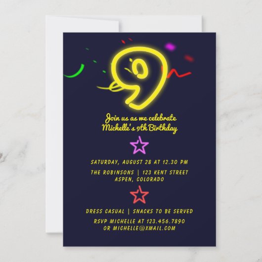 Neon Sign Negende Birthday Party Invitation Kaart (Voorkant)