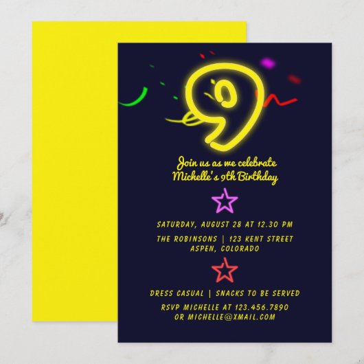 Neon Sign Negende Birthday Party Invitation Kaart (Voorkant / Achterkant)