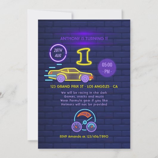 Neon sign Racing Car themed Boy 1st Birthday Party Kaart (Voorkant)