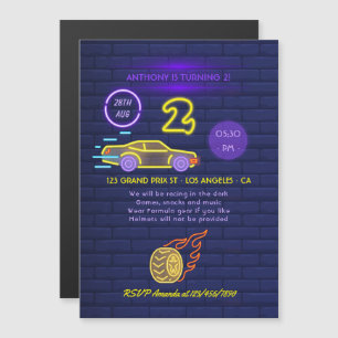 Neon sign Racing Car themed Boy 2e verjaardag Magnetische Uitnodiging