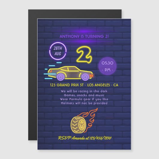 Neon sign Racing Car themed Boy 2e verjaardag Magnetische Uitnodiging (Voorkant / Achterkant)