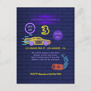 Neon sign Racing Car themed Boy 3rd Birthday Party Briefkaart