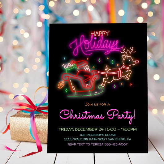 Neon Sign Santa Sleigh Rendier Kerstfeest Kaart