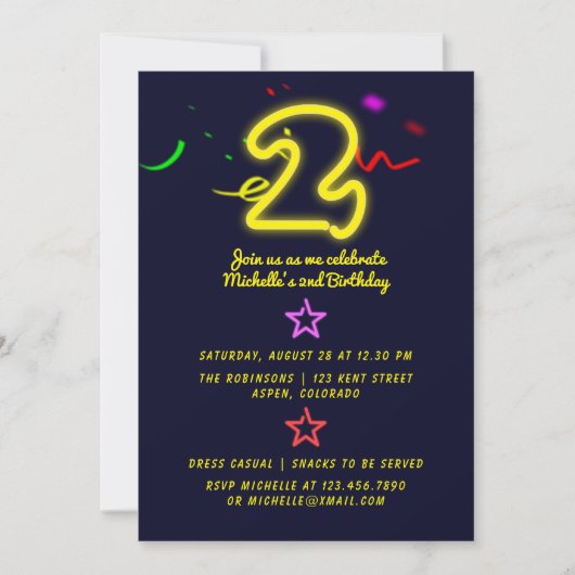 Neon Sign Second Birthday Party Invitation Kaart (Voorkant)