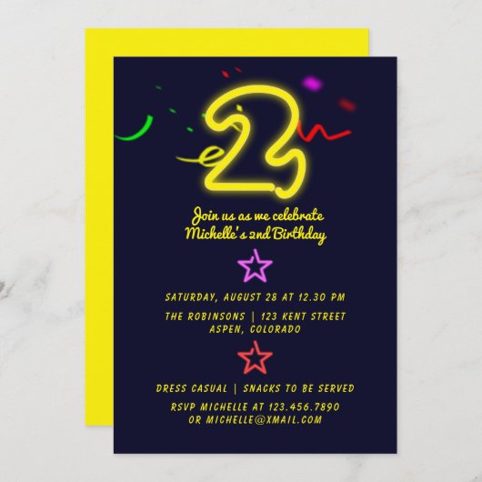 Neon Sign Second Birthday Party Invitation Kaart (Voorkant / Achterkant)