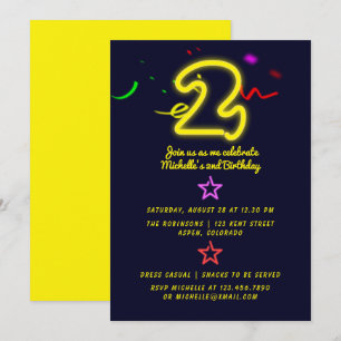 Neon Sign Second Birthday Party Invitation Kaart